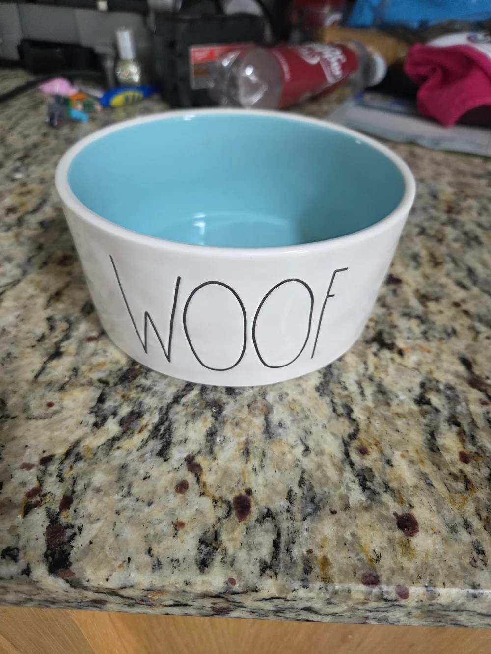 Rae Dunn White Ceramic Dog Bowl with Blue Accent